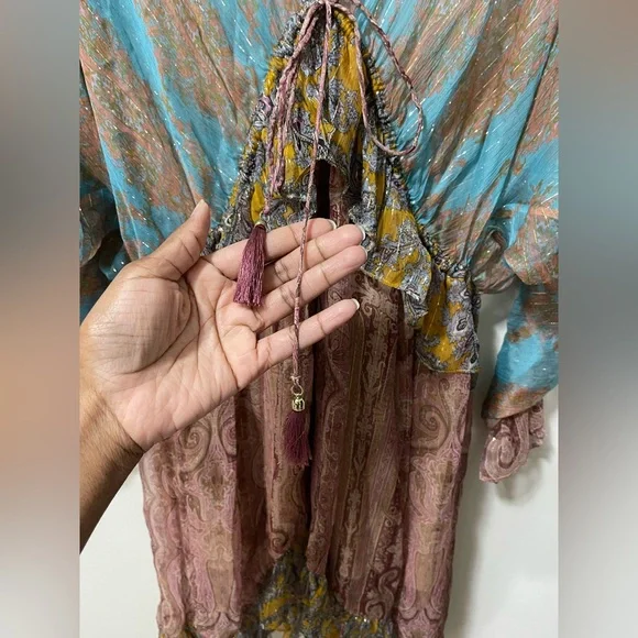 Zimmerman Realm Plunge Draw Bohemian Paisley Silk Ruffle High Low Dress Large